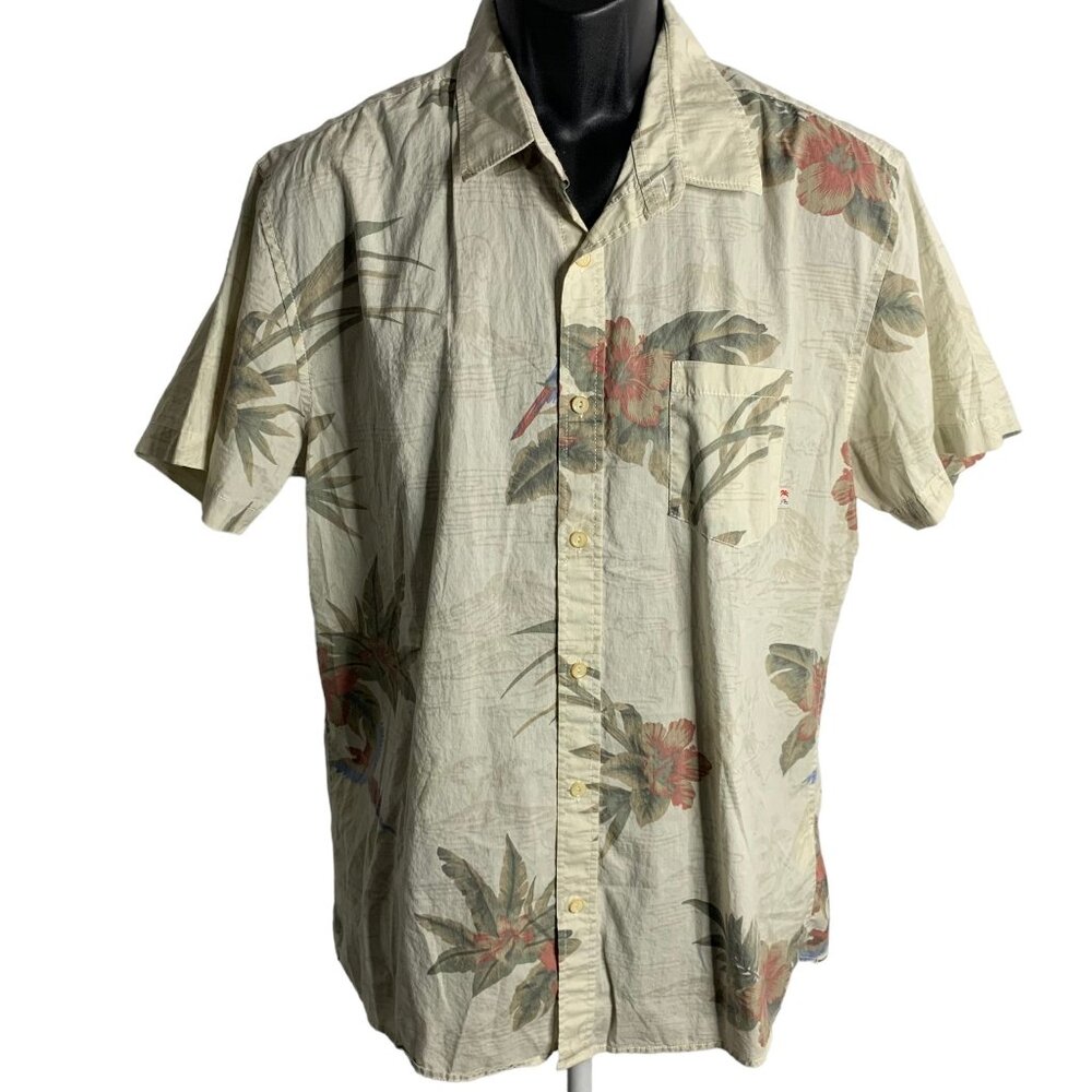 Quiksilver Button Up Hawaiian Camp Shirt L Beige Floral Short Sleeve Cotton
